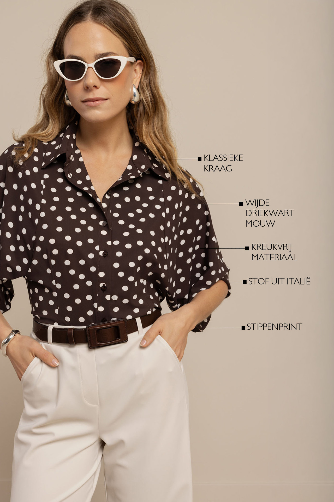 Studio Anneloes Fabienne Dot Blouse Espresso:Ecru, damesblouse met gestippeld motief in espresso en ecru